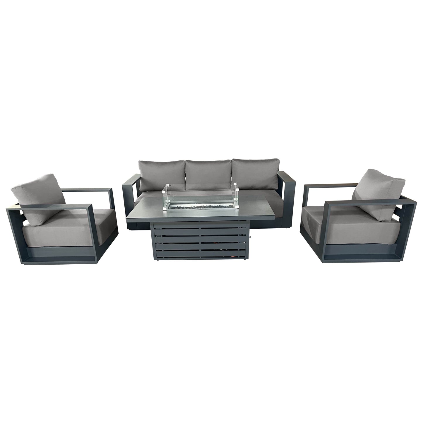 Lyon 4 Piece Outdoor Patio Aluminum Metal Sofa and 2 Club Chairs Conversation Set with Alsace Fire Pit Adjustable Height Table in Midnight Grey with Sunbrella Cushions - Available in 2 Colours