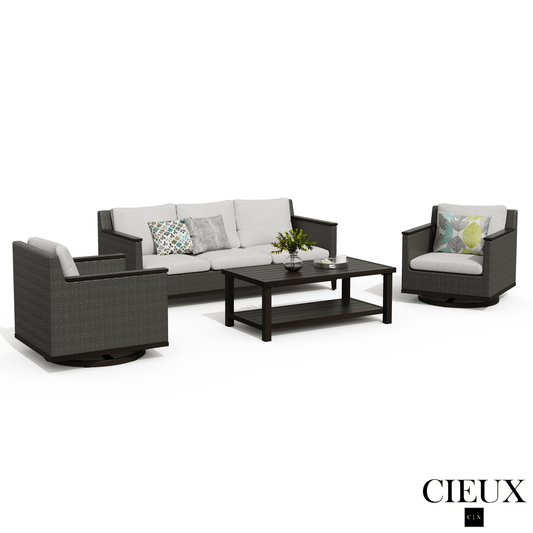 Cieux Sofa Set Loire Outdoor Patio Aluminum Metal Sofa Conversation Set with Swivel Club Chairs and Sunbrella Cast Silver Cushions