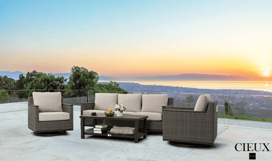 CIEUX Sofa Set Loire Outdoor Patio Aluminum Metal Sofa Conversation Set with Swivel Club Chairs and Sunbrella Cast Silver Cushions