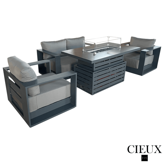 CIEUX Sofa Set Lyon 4 Piece Outdoor Patio Aluminum Metal Loveseat and 2 Club Chairs Conversation Set with Alsace Fire Pit Adjustable Height Table in Midnight Grey with Sunbrella Cushions in Canvas Charcoal