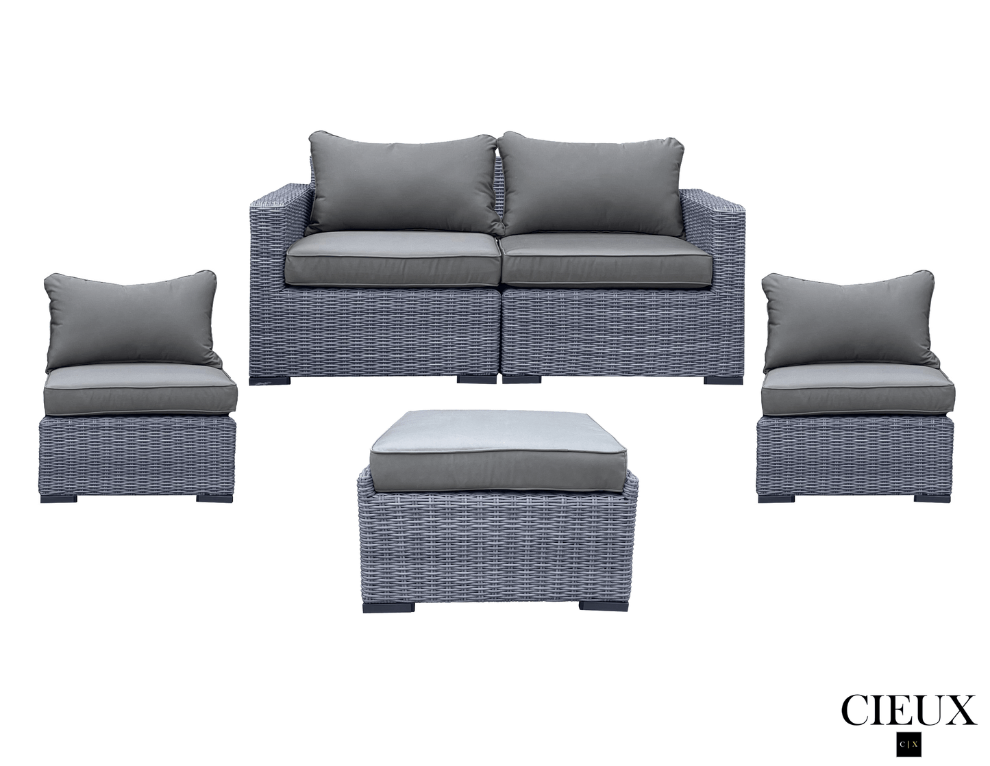 Pending - Cieux Cannes 4 Piece Outdoor Patio Wicker Loveseat, 2 Armless Chairs and Ottoman Set in Grey Wicker with Sunbrella Cushions in Canvas Charcoal