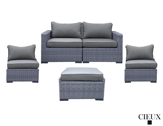 Pending - Cieux Cannes 4 Piece Outdoor Patio Wicker Loveseat, 2 Armless Chairs and Ottoman Set in Grey Wicker with Sunbrella Cushions in Canvas Charcoal