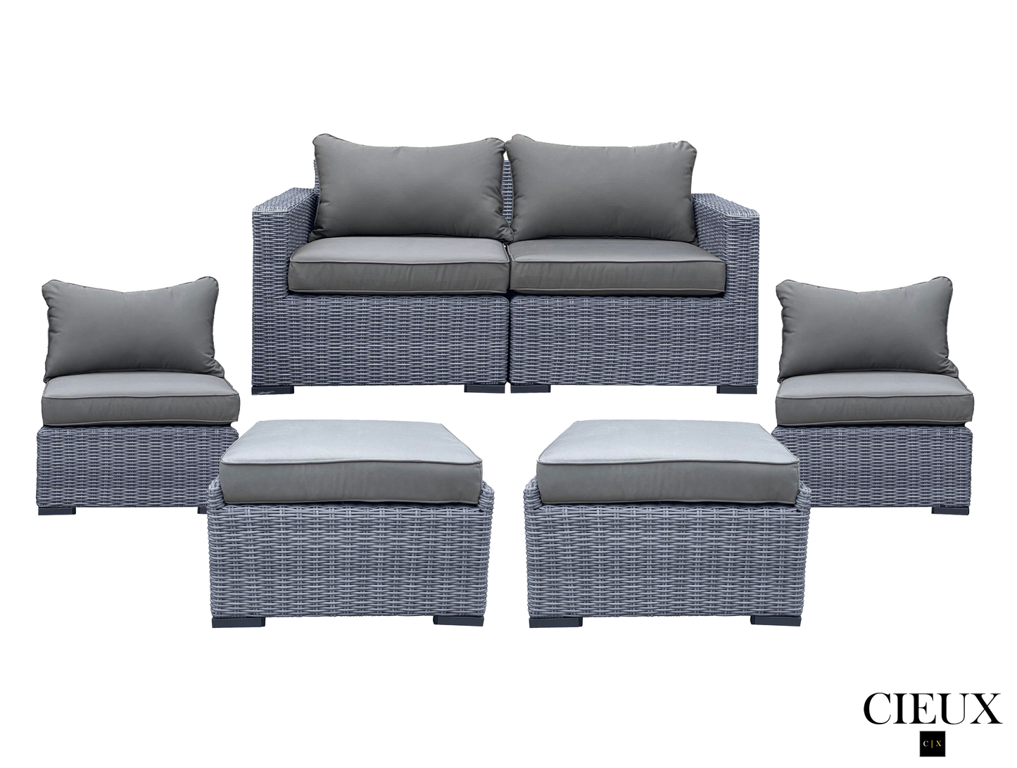Pending - Cieux Cannes 5 Piece Outdoor Patio Wicker Loveseat, 2 Armless Chairs and 2 Ottomans Set in Grey Wicker with Sunbrella Cushions in Canvas Charcoal