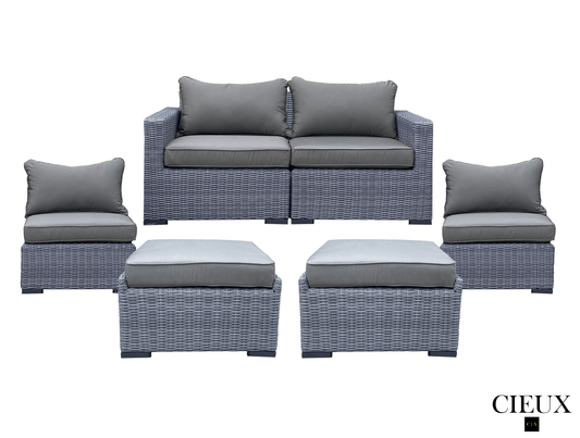Pending - Cieux Cannes 5 Piece Outdoor Patio Wicker Loveseat, 2 Armless Chairs and 2 Ottomans Set in Grey Wicker with Sunbrella Cushions in Canvas Charcoal