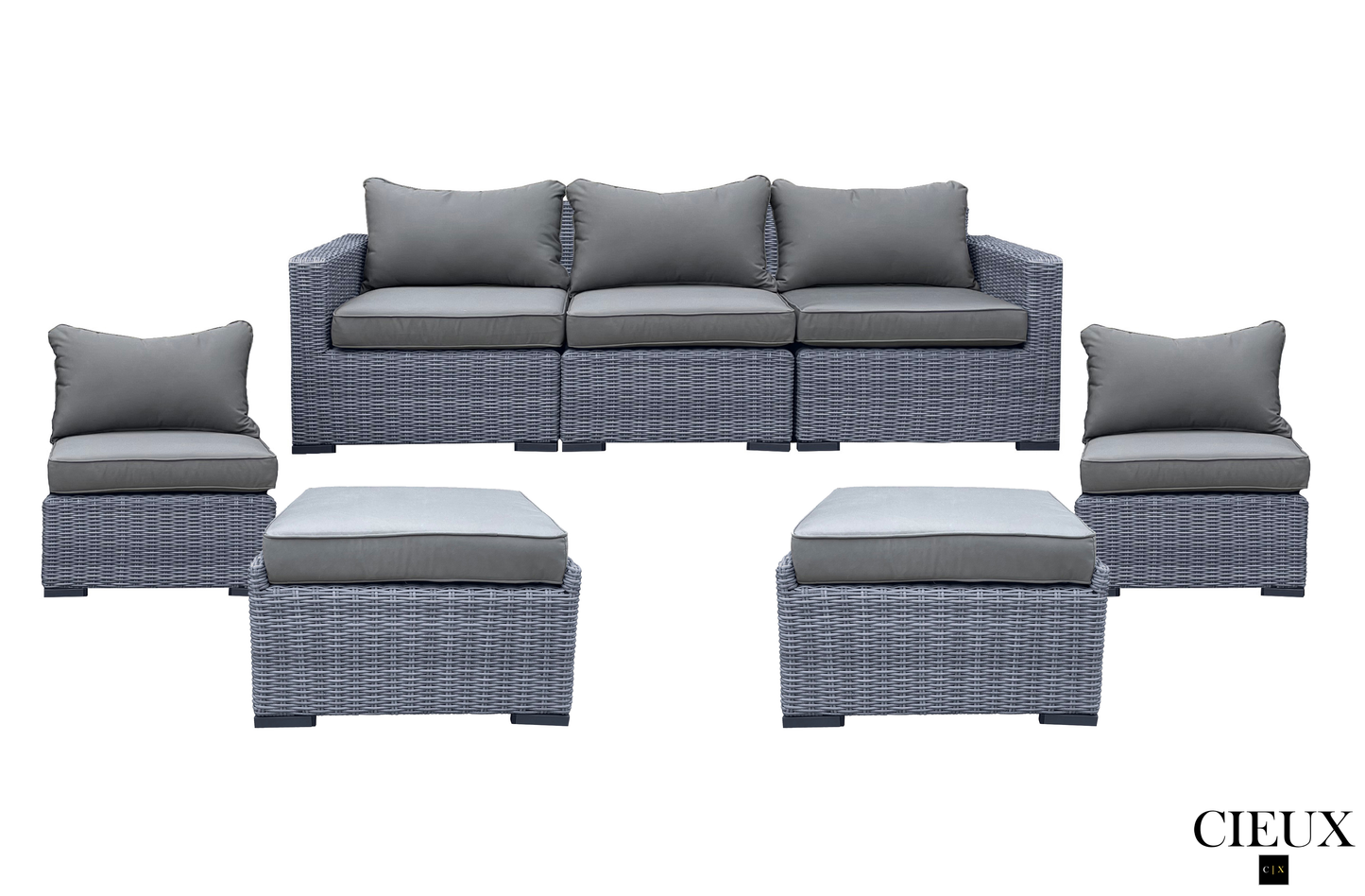 Pending - Cieux Cannes 5 Piece Outdoor Patio Wicker Sofa, 2 Armless Chairs and 2 Ottomans Set in Grey Wicker with Sunbrella Cushions in Canvas Charcoal