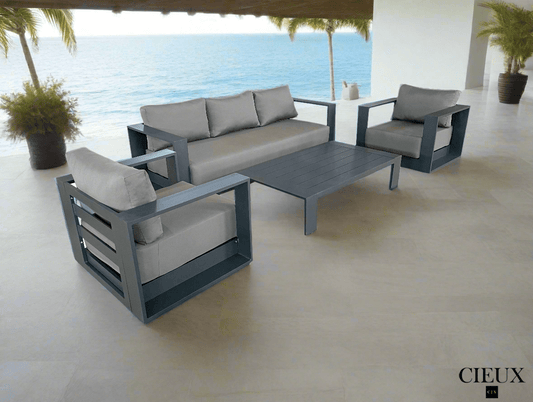 Pending - Cieux Lyon Outdoor Patio Aluminum Metal Sofa Conversation Set in Midnight Grey with Sunbrella Cushions - Available in 2 Colours