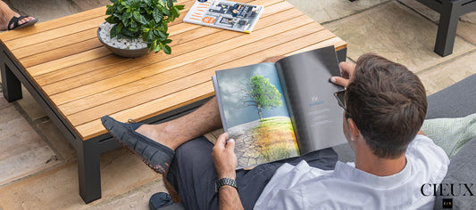 Bordeaux Outdoor Patio Aluminum Metal Coffee Table with Acacia Wooden Top in Grey and Natural