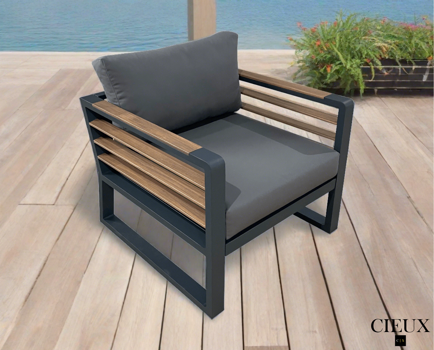 Avignon Outdoor Patio Aluminum Metal Club Chair in Midnight Grey with Sunbrella Cushions in Canvas Charcoal