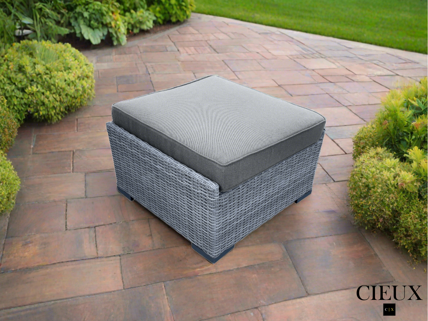 Cannes Outdoor Patio Wicker Ottoman in Grey with Sunbrella Cushions - Available in 2 Colours