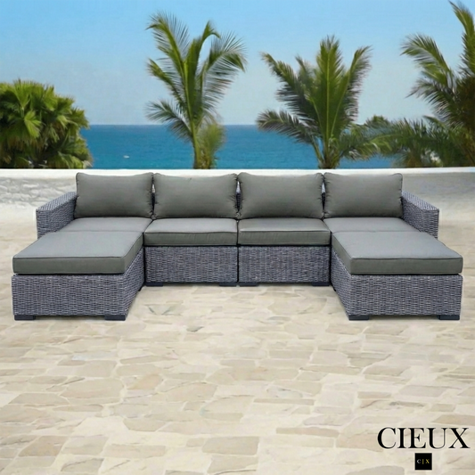Cannes 5 Piece Outdoor Patio Wicker Loveseat, 2 Armless Chairs and 2 Ottomans Set in Grey Wicker with Sunbrella Cushions in Canvas Charcoal