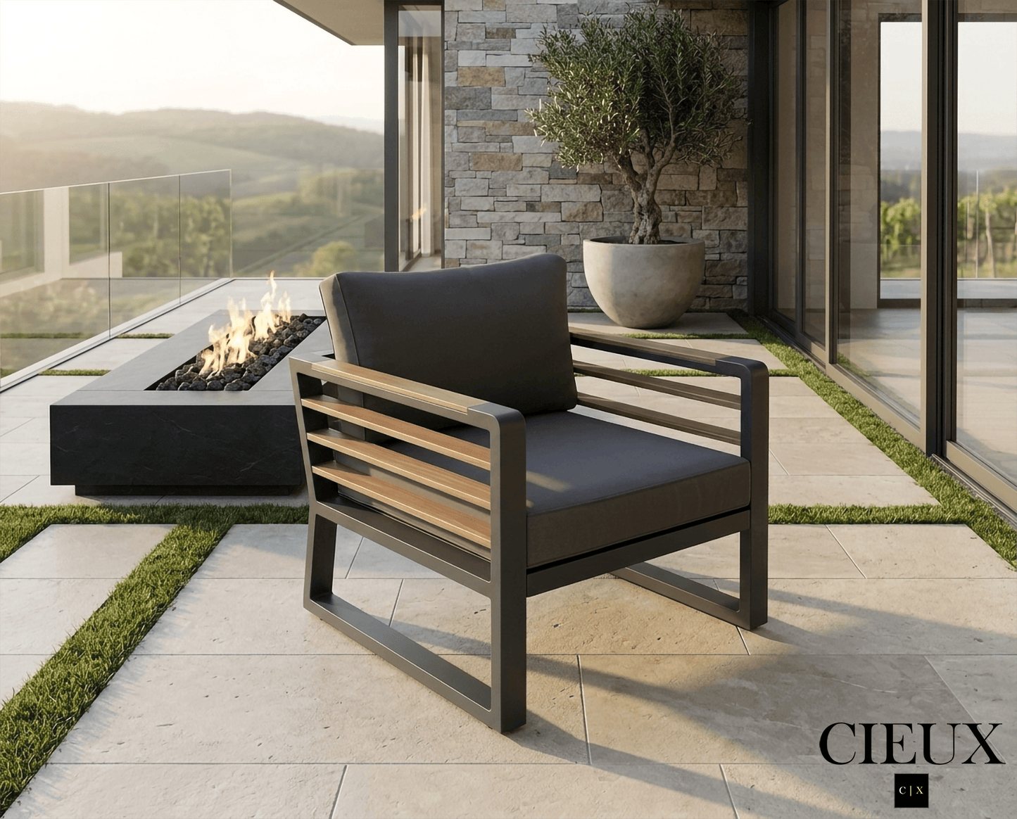 CIEUX Club Chair Avignon Outdoor Patio Aluminum Metal Club Chair in Midnight Grey with Sunbrella Cushions in Canvas Charcoal