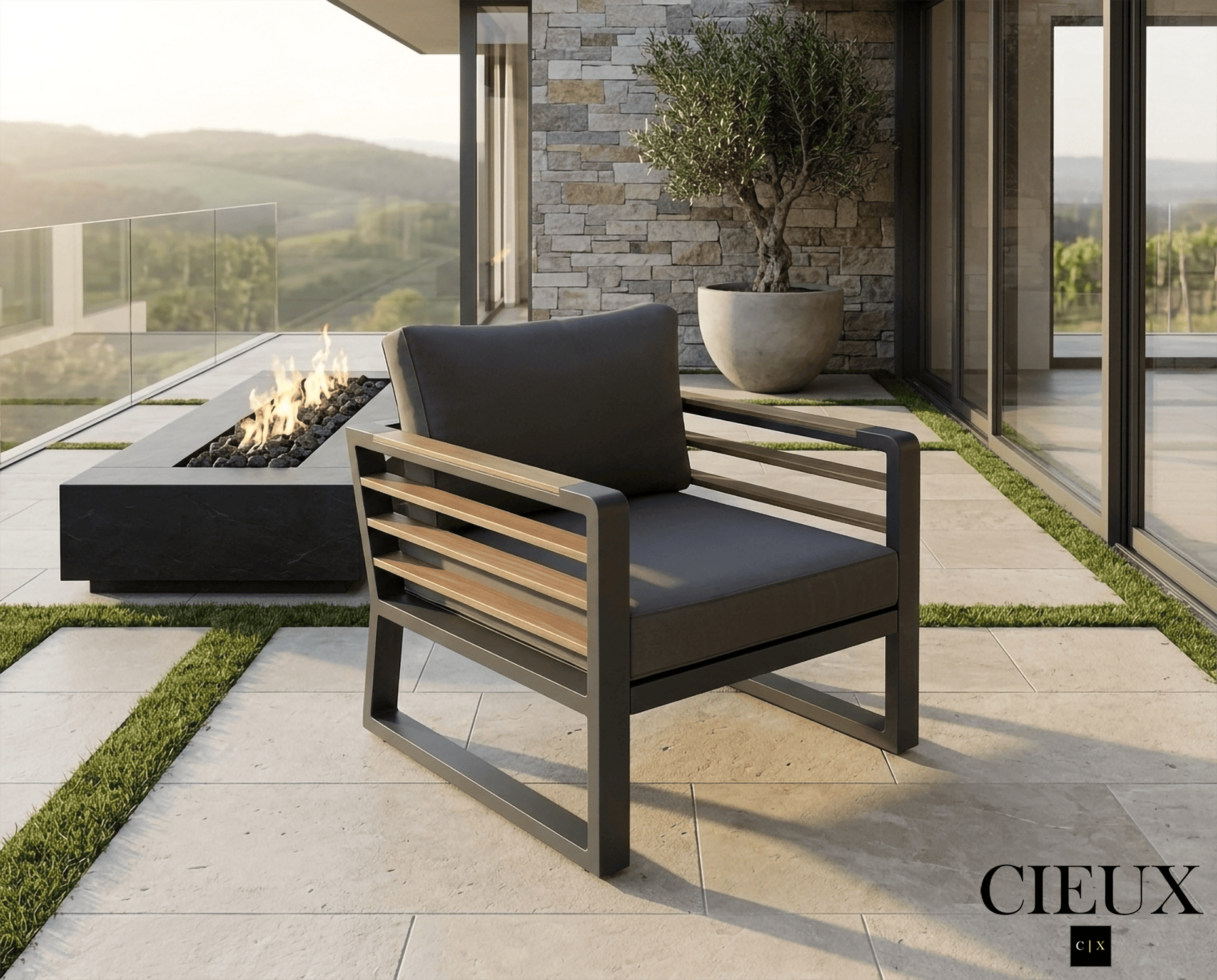 CIEUX Club Chair Avignon Outdoor Patio Aluminum Metal Club Chair in Midnight Grey with Sunbrella Cushions in Canvas Charcoal