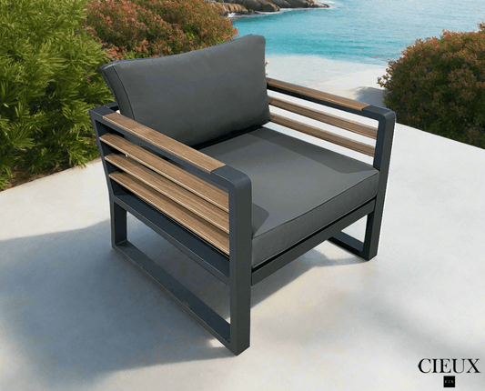 CIEUX Club Chair Canvas Charcoal Avignon Outdoor Patio Aluminum Metal Club Chair in Midnight Grey with Sunbrella Cushions in Canvas Charcoal
