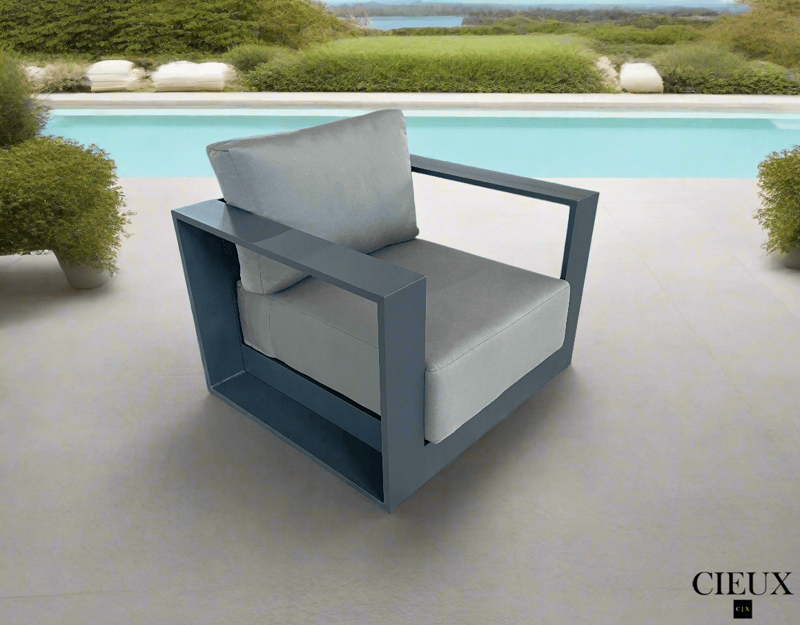 CIEUX Lyon Outdoor Patio Aluminum Metal Club Chair in Midnight Grey with Sunbrella Cushions, image 2