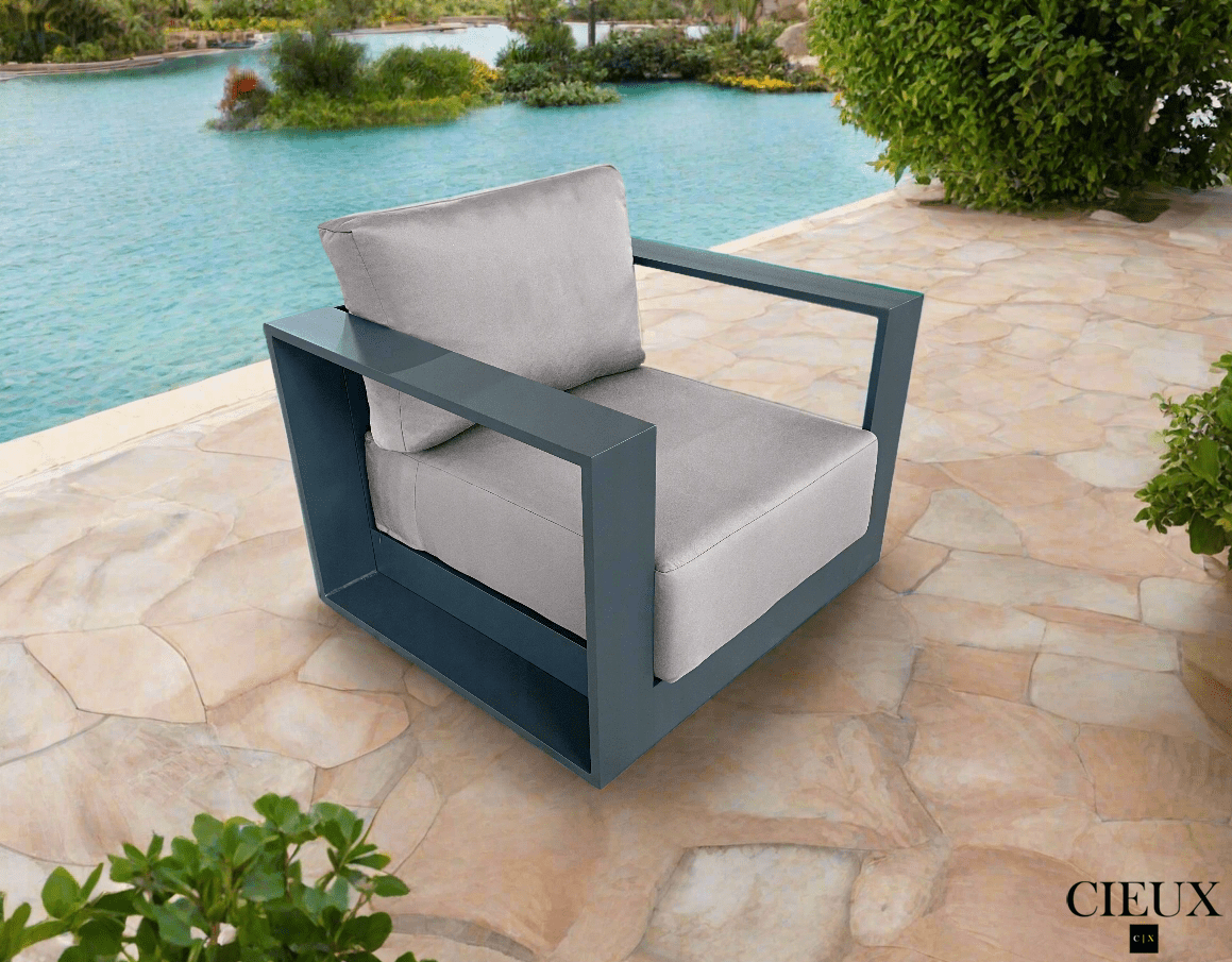CIEUX Lyon Outdoor Patio Aluminum Metal Club Chair in Midnight Grey with Sunbrella Cushions, image 3