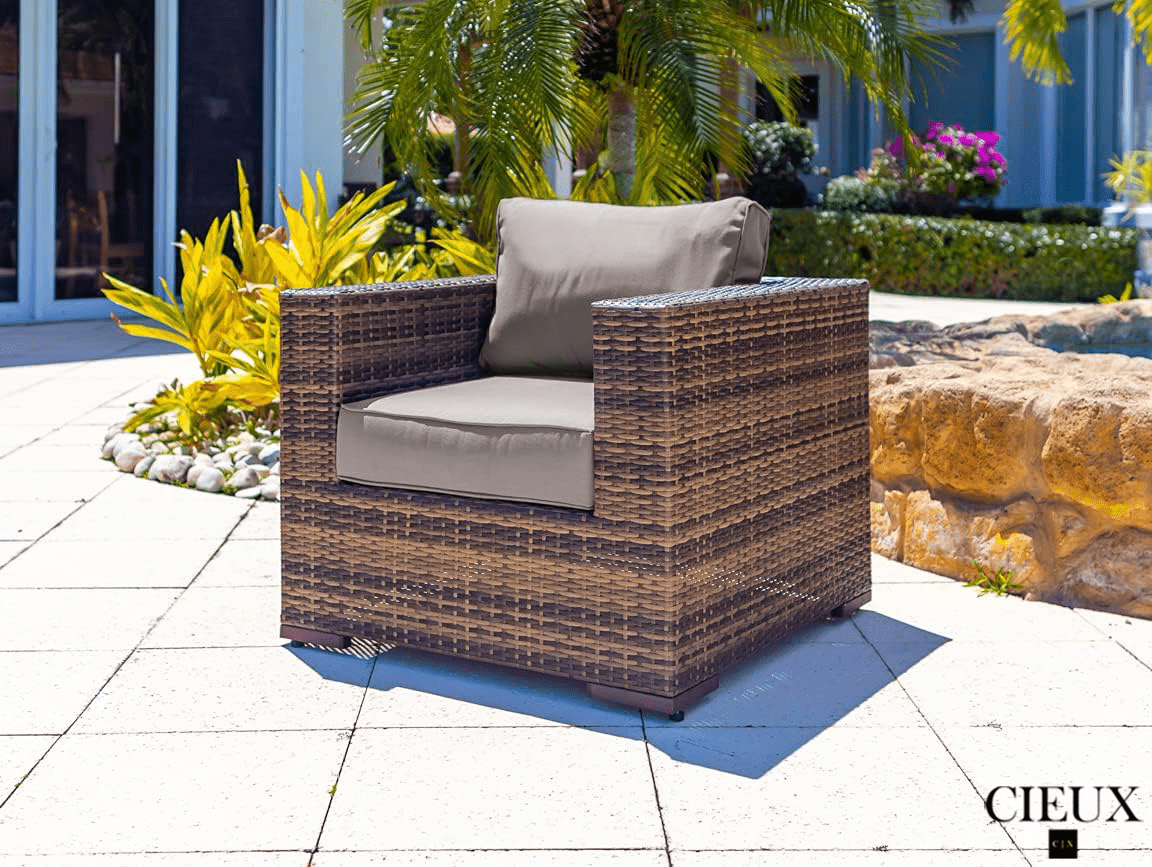 CIEUX Club Chair Valence Outdoor Patio Wicker Club Chair in Brown with Sunbrella Canvas Taupe Cushions