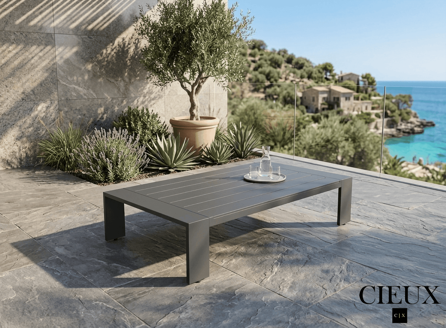 CIEUX Coffee Table Lyon Outdoor Patio Aluminum Metal Rectangular Coffee Table in Midnight Grey