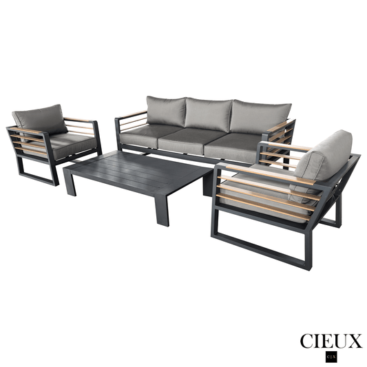 CIEUX Conversation Set Avignon 4 Piece Outdoor Patio Aluminum Metal Sofa and 2 Club Chairs Conversation Set and Lyon Coffee Table in Midnight Grey with Sunbrella Cushions in Canvas Charcoal