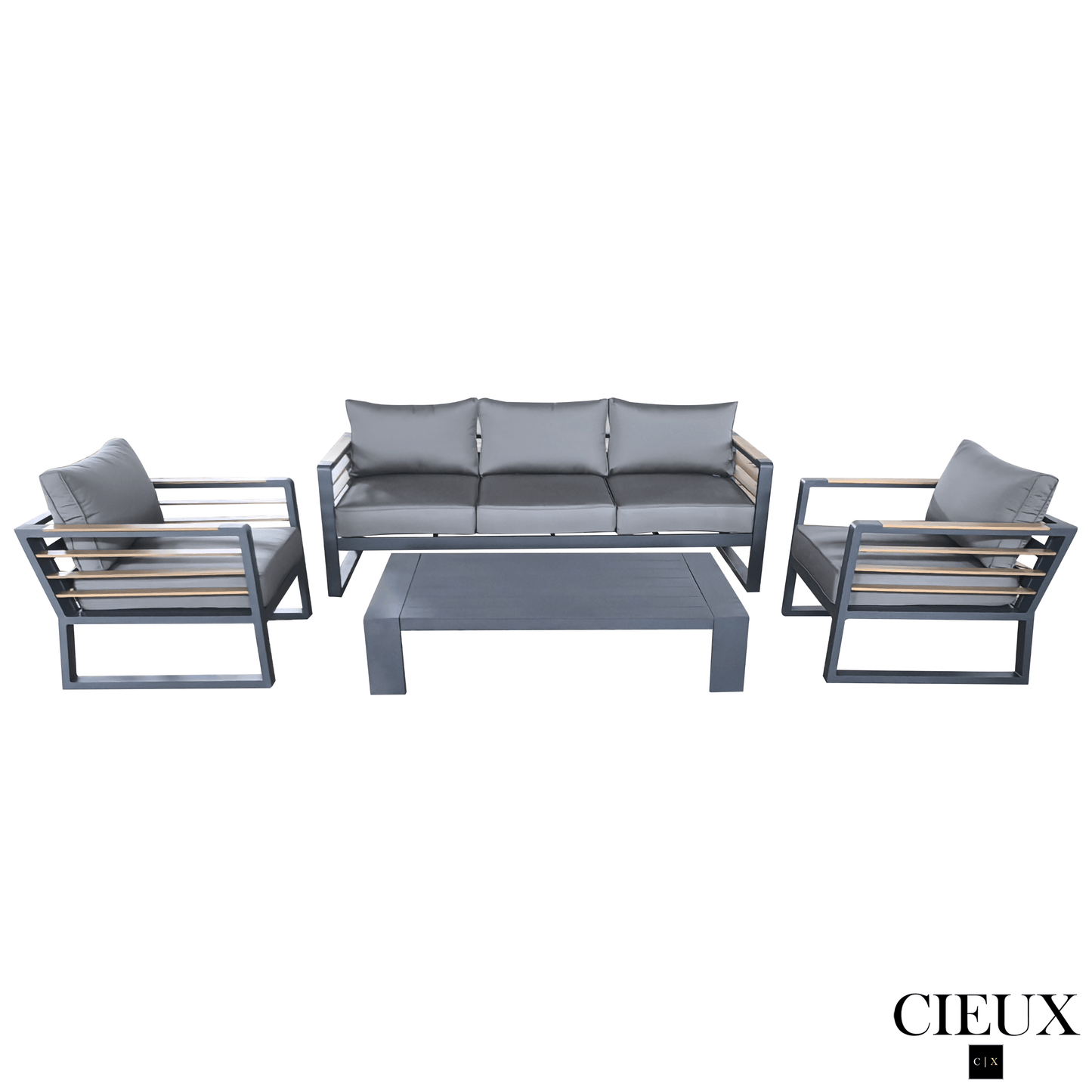 CIEUX Conversation Set Avignon 4 Piece Outdoor Patio Aluminum Metal Sofa and 2 Club Chairs Conversation Set and Lyon Coffee Table in Midnight Grey with Sunbrella Cushions in Canvas Charcoal