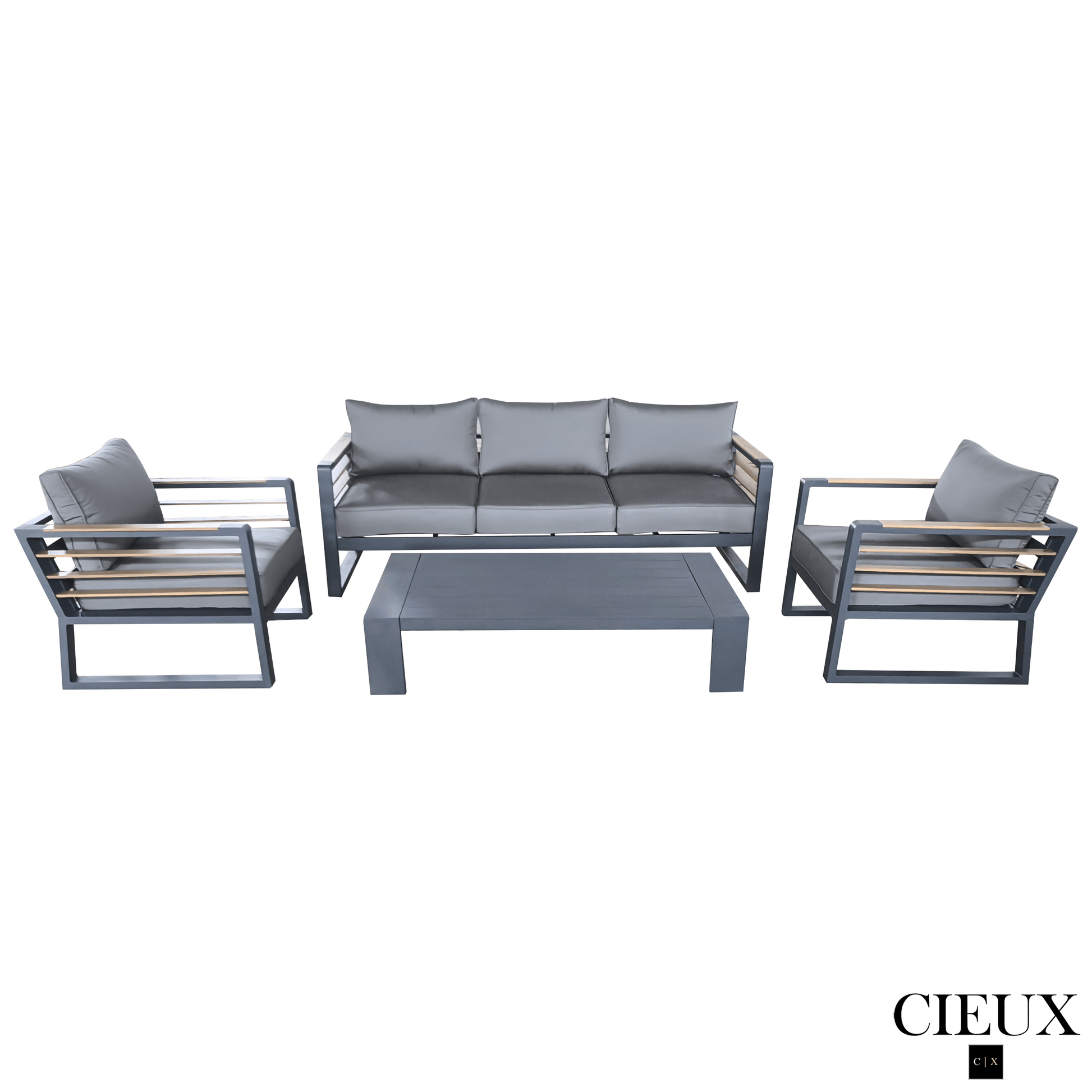 CIEUX Conversation Set Avignon 4 Piece Outdoor Patio Aluminum Metal Sofa and 2 Club Chairs Conversation Set and Lyon Coffee Table in Midnight Grey with Sunbrella Cushions in Canvas Charcoal