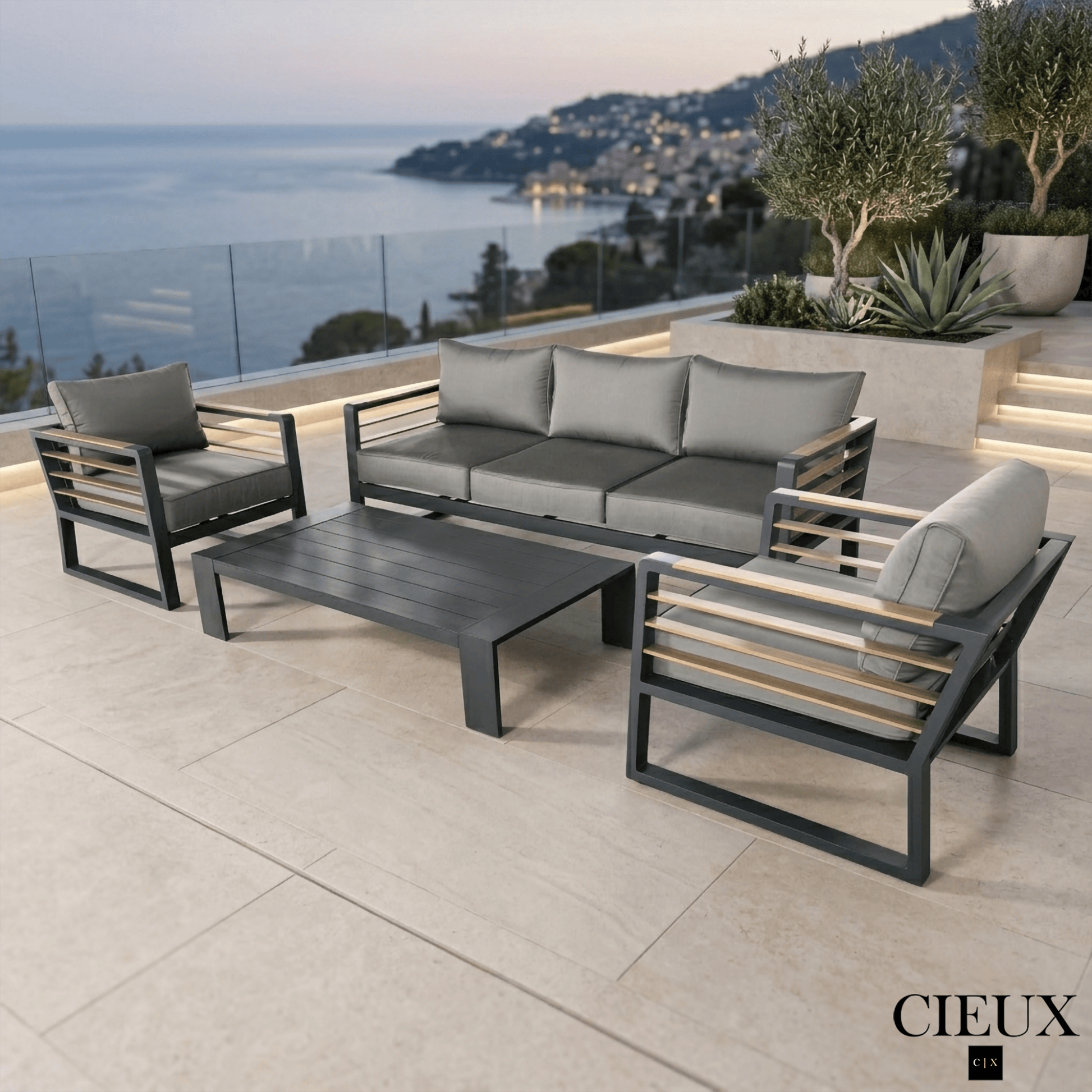 CIEUX Conversation Set Avignon 4 Piece Outdoor Patio Aluminum Metal Sofa and 2 Club Chairs Conversation Set and Lyon Coffee Table in Midnight Grey with Sunbrella Cushions in Canvas Charcoal