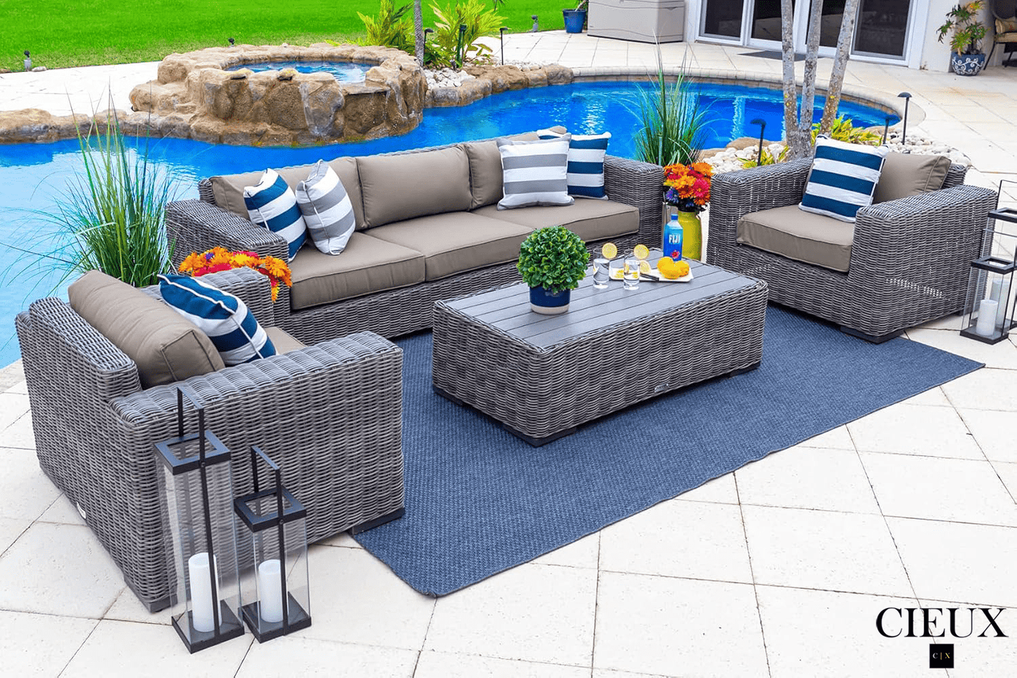CIEUX Champagne Outdoor Patio Wicker Sofa Conversation Set in Grey with Sunbrella Cushions, image 2