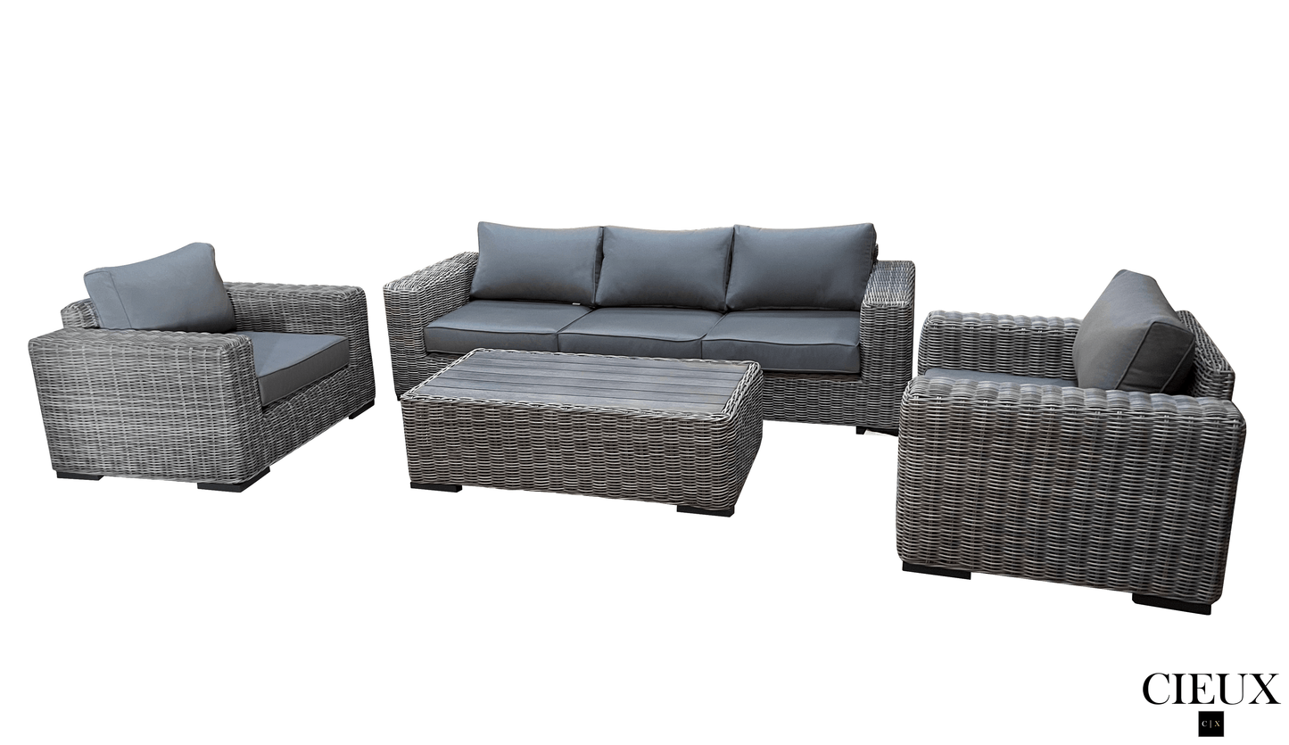 CIEUX Champagne Outdoor Patio Wicker Sofa Conversation Set in Grey with Sunbrella Cushions, image 3