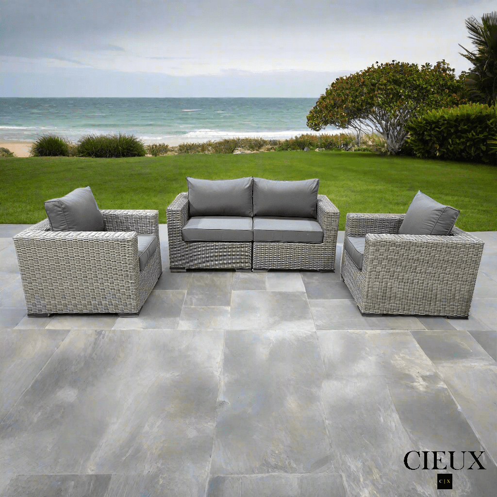 CIEUX Conversation Set Riviera Outdoor Patio Wicker Loveseat and 2 Club Chairs Set in Grey with Sunbrella Canvas Charcoal Cushions