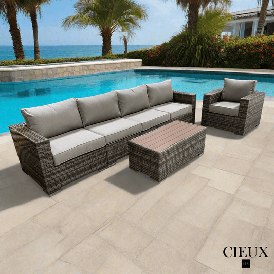CIEUX Conversation Set Valence Outdoor Patio Wicker Large Sofa, Club Chair and Coffee Table Set in Brown with Sunbrella Canvas Taupe Cushions