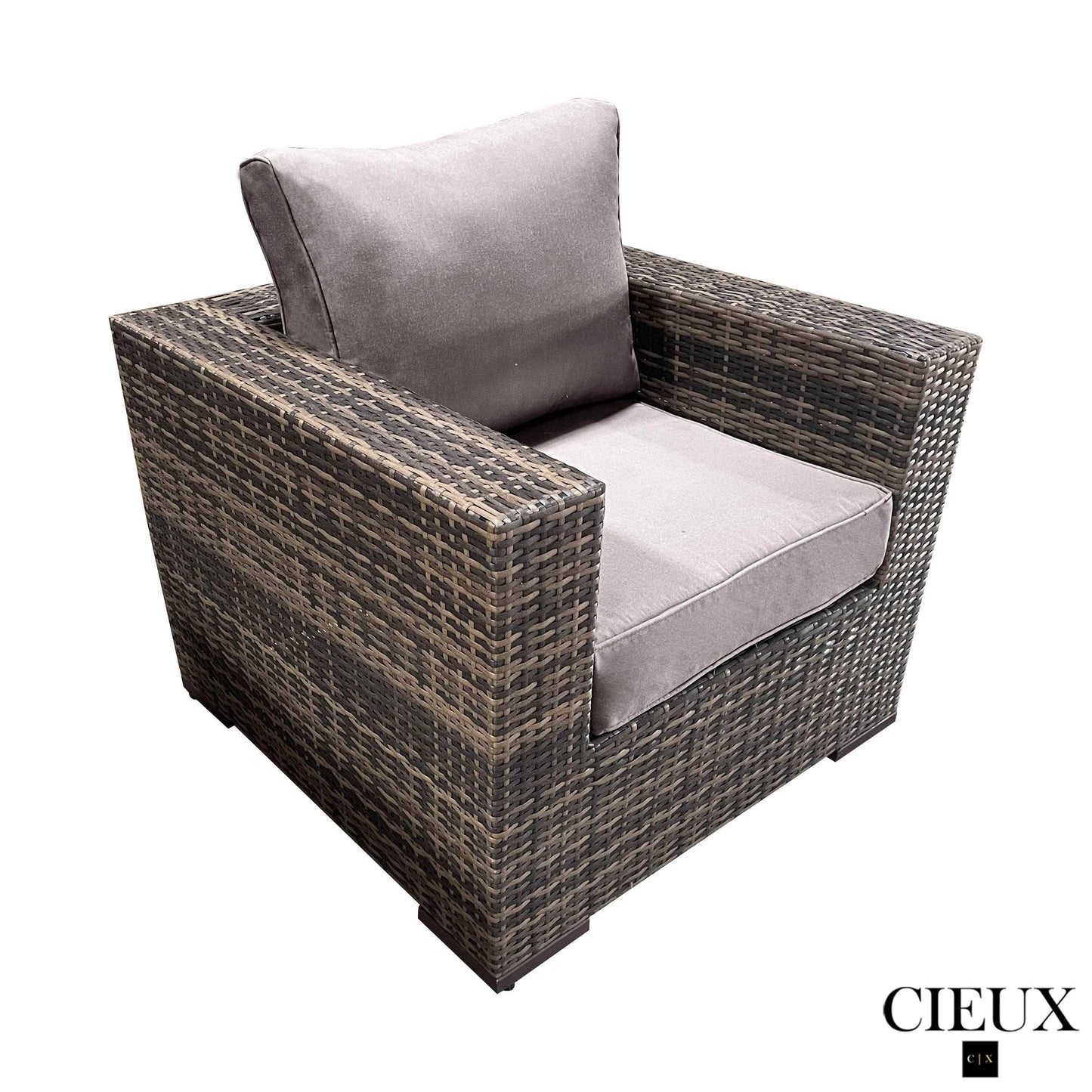 CIEUX Conversation Set Valence Outdoor Patio Wicker Large Sofa, Club Chair and Coffee Table Set in Brown with Sunbrella Canvas Taupe Cushions
