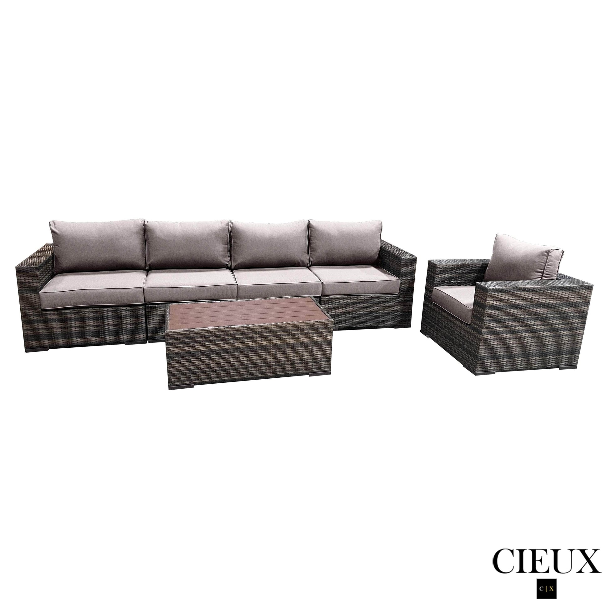CIEUX Conversation Set Valence Outdoor Patio Wicker Large Sofa, Club Chair and Coffee Table Set in Brown with Sunbrella Canvas Taupe Cushions