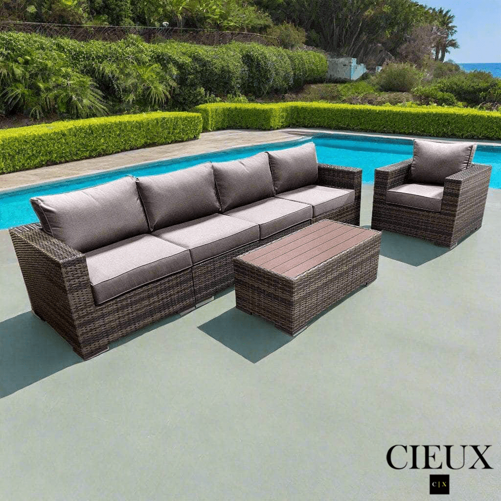 CIEUX Conversation Set Valence Outdoor Patio Wicker Large Sofa, Club Chair and Coffee Table Set in Brown with Sunbrella Canvas Taupe Cushions