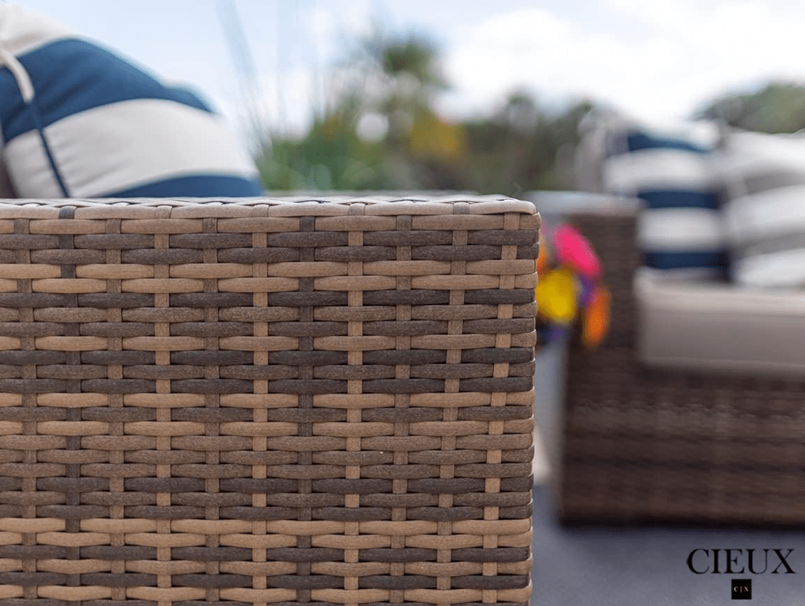 CIEUX Conversation Set Valence Outdoor Patio Wicker Loveseat Conversation Set in Brown with Sunbrella Canvas Taupe Cushions