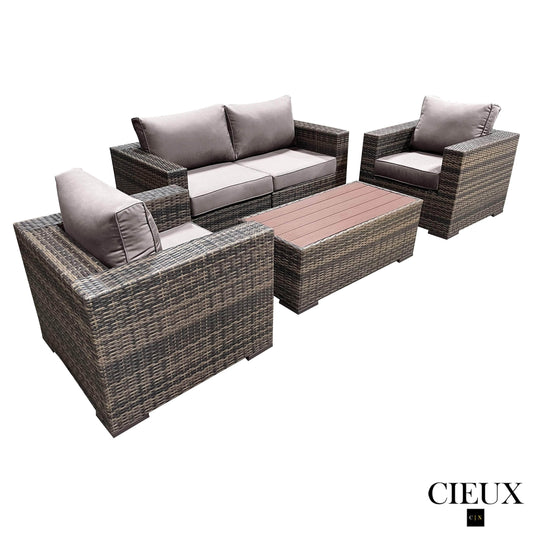 CIEUX Conversation Set Valence Outdoor Patio Wicker Loveseat Conversation Set in Brown with Sunbrella Canvas Taupe Cushions