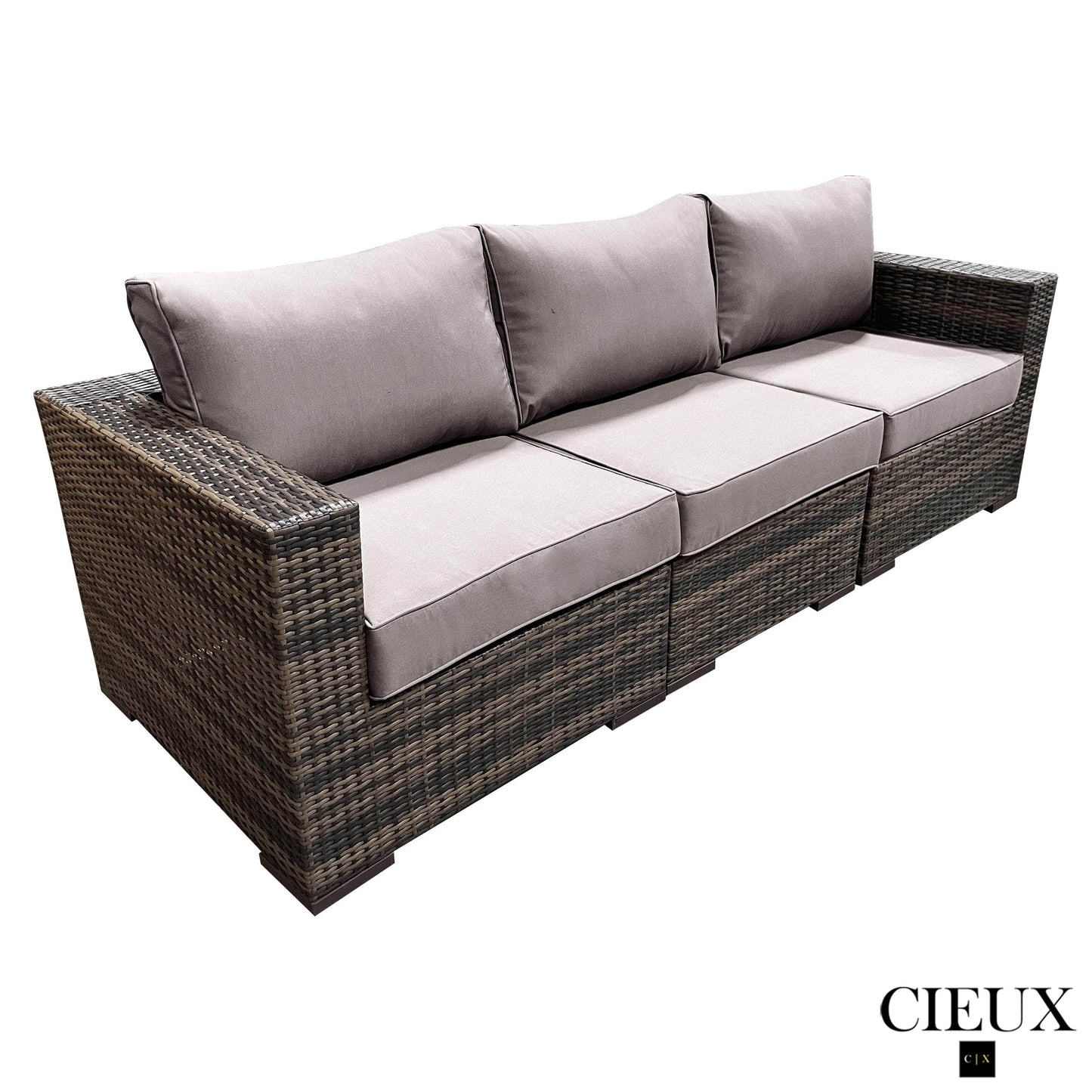 CIEUX Valence Outdoor Patio Wicker Sofa Conversation Set in Brown with Sunbrella Canvas Taupe Cushions, image 8
