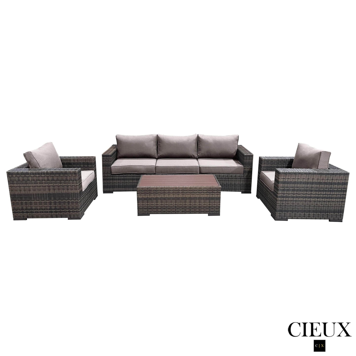 CIEUX Valence Outdoor Patio Wicker Sofa Conversation Set in Brown with Sunbrella Canvas Taupe Cushions, image 3