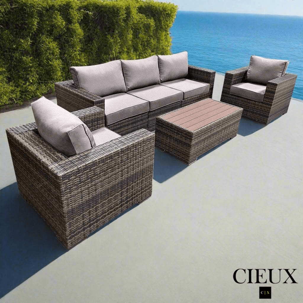 CIEUX Valence Outdoor Patio Wicker Sofa Conversation Set in Brown with Sunbrella Canvas Taupe Cushions, image 1