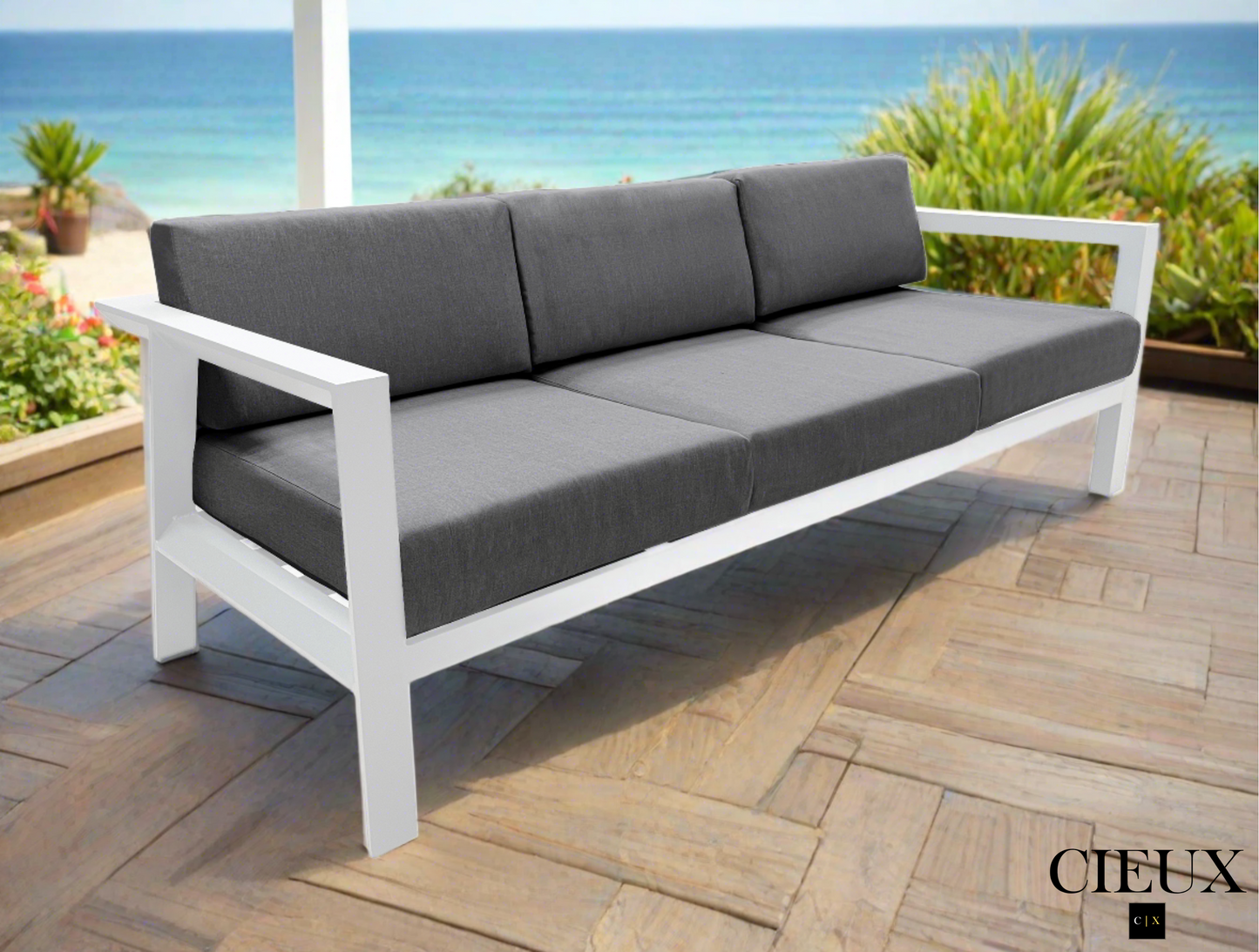 Corsica Outdoor Patio Aluminum Metal Sofa in White with Sunbrella Cushions - Available in 2 Colours