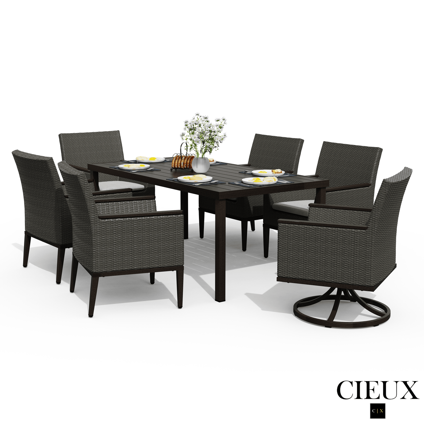 Cieux Dining Set Loire Outdoor Patio Aluminum Metal 7 Piece Dining Table Set with 4 Arm Chairs, 2 Swivel Arm Chairs and Sunbrella Cast Silver Cushions