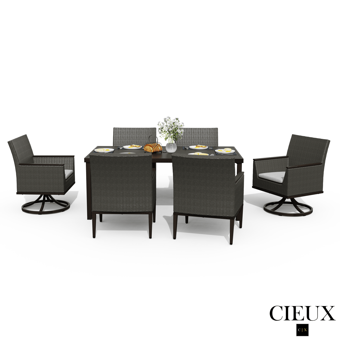 Cieux Dining Set Loire Outdoor Patio Aluminum Metal 7 Piece Dining Table Set with 4 Arm Chairs, 2 Swivel Arm Chairs and Sunbrella Cast Silver Cushions