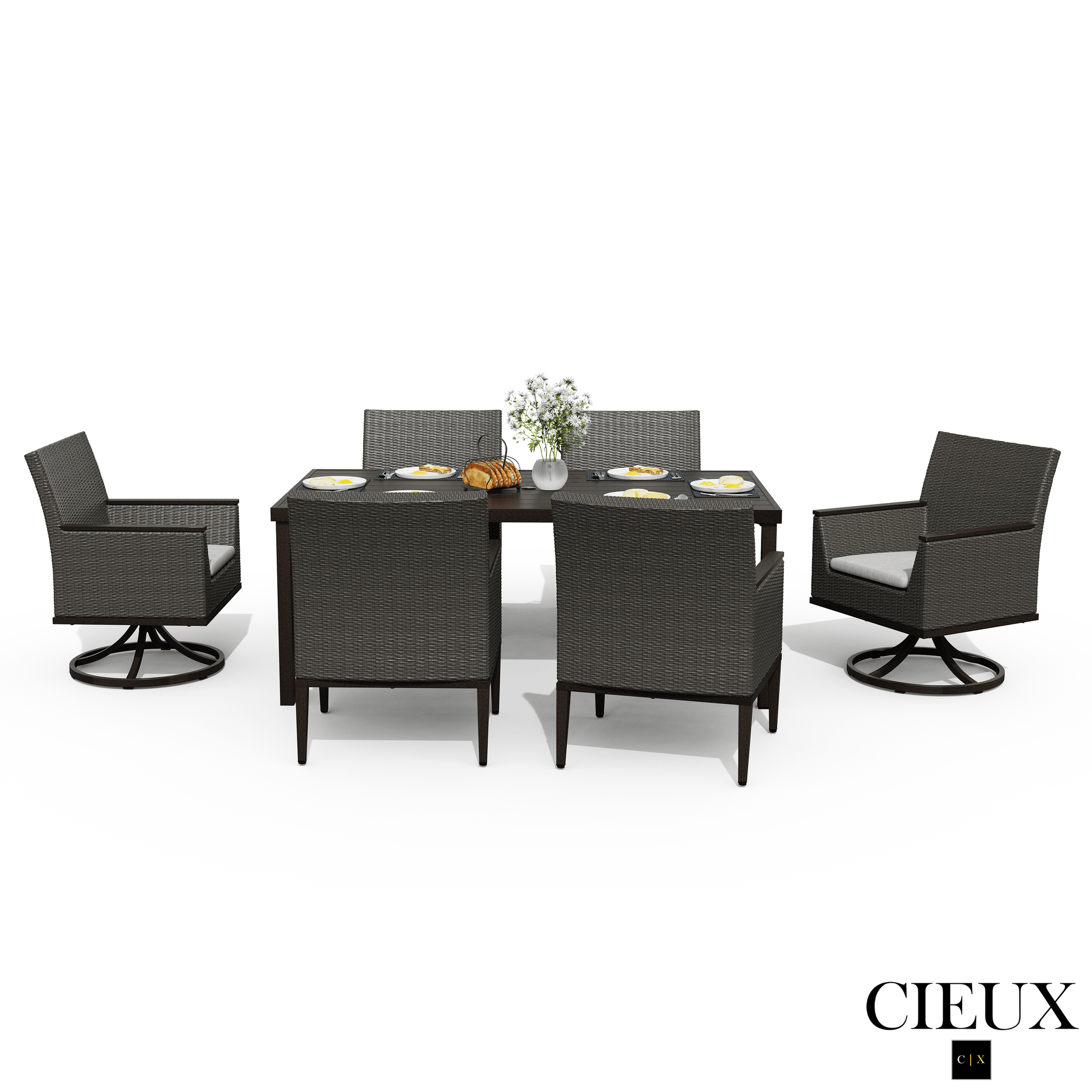 Cieux Dining Set Loire Outdoor Patio Aluminum Metal 7 Piece Dining Table Set with 4 Arm Chairs, 2 Swivel Arm Chairs and Sunbrella Cast Silver Cushions