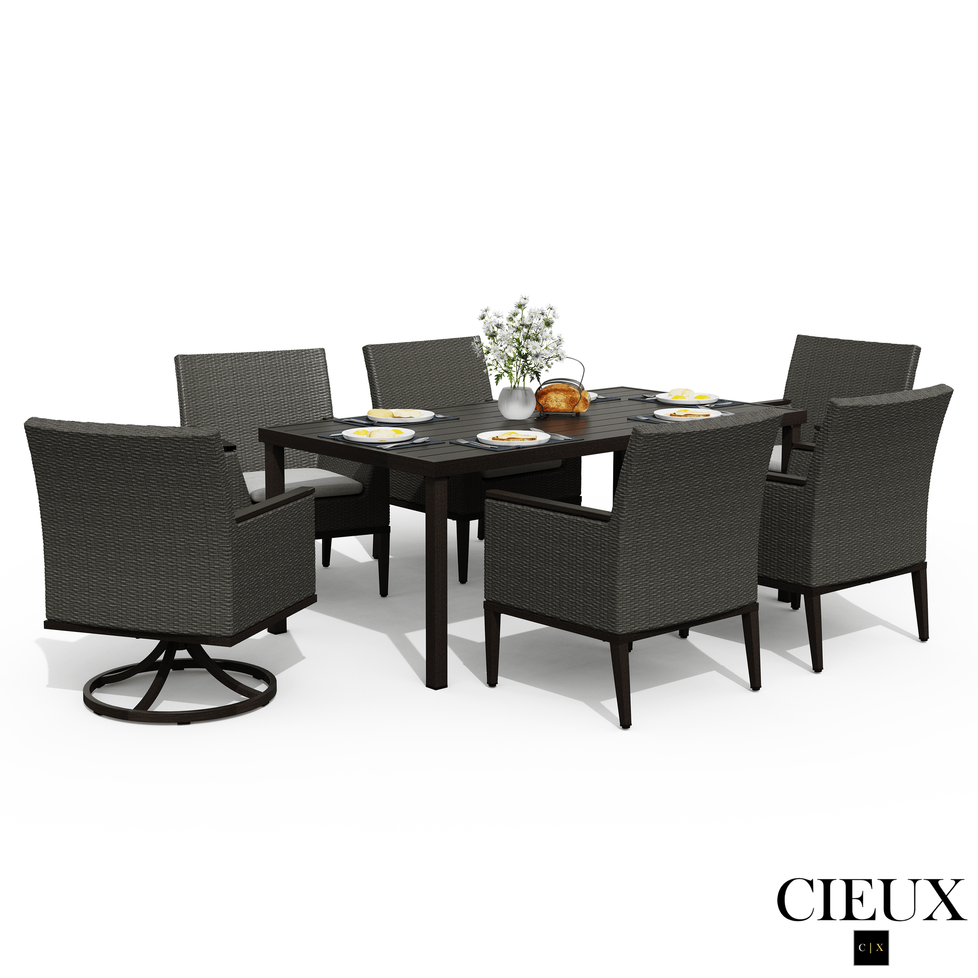 Cieux Dining Set Loire Outdoor Patio Aluminum Metal 7 Piece Dining Table Set with 4 Arm Chairs, 2 Swivel Arm Chairs and Sunbrella Cast Silver Cushions