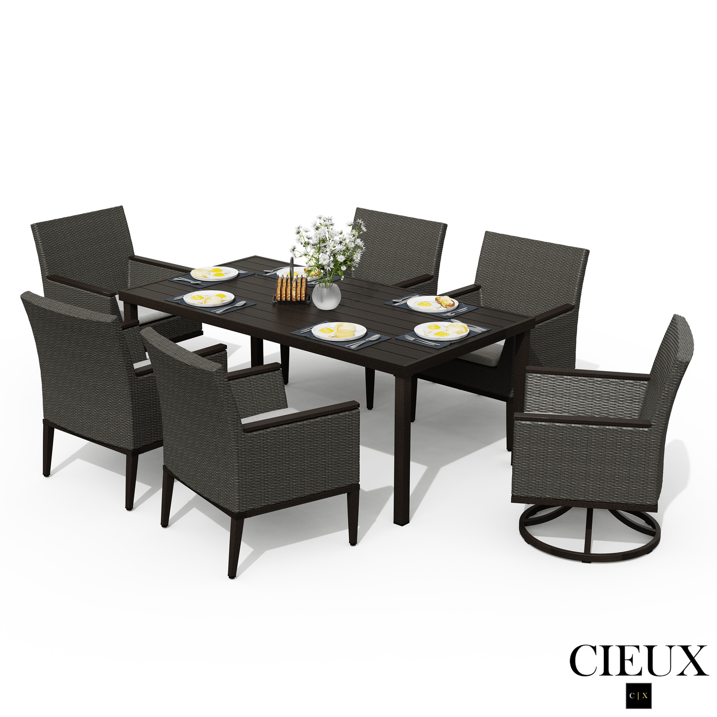 Cieux Dining Set Loire Outdoor Patio Aluminum Metal 7 Piece Dining Table Set with 4 Arm Chairs, 2 Swivel Arm Chairs and Sunbrella Cast Silver Cushions