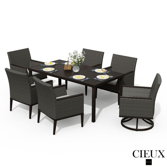 Cieux Dining Set Loire Outdoor Patio Aluminum Metal 7 Piece Dining Table Set with 4 Arm Chairs, 2 Swivel Arm Chairs and Sunbrella Cast Silver Cushions