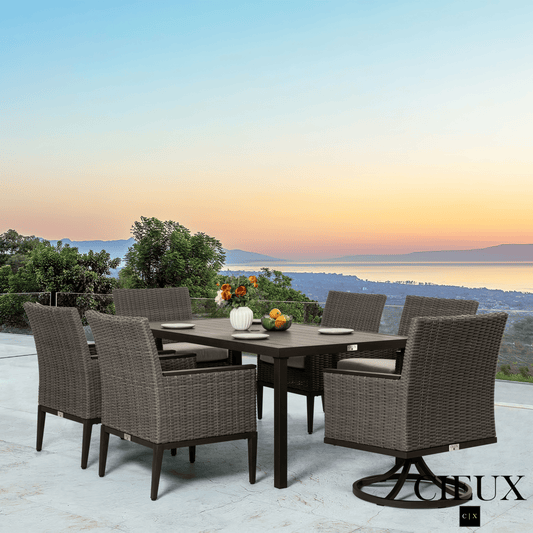 CIEUX Dining Set Loire Outdoor Patio Aluminum Metal 7 Piece Dining Table Set with 4 Arm Chairs, 2 Swivel Arm Chairs and Sunbrella Cast Silver Cushions