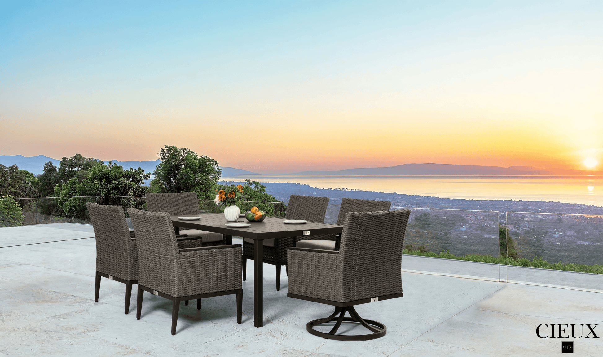 CIEUX Loire Outdoor Patio Aluminum Metal 7 Piece Dining Table Set with 4 Arm Chairs, 2 Swivel Arm Chairs and Sunbrella Cast Silver Cushions, image 2