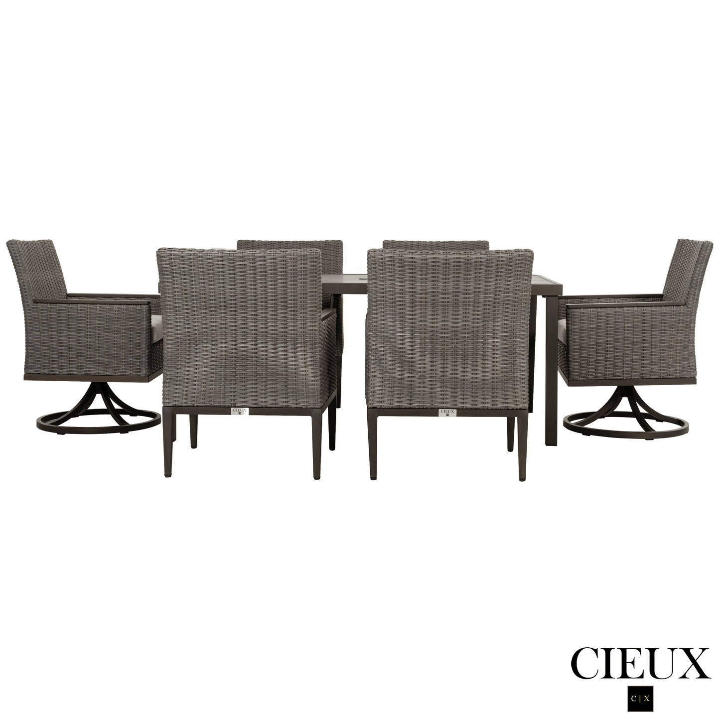 CIEUX Dining Set Loire Outdoor Patio Aluminum Metal 7 Piece Dining Table Set with 4 Arm Chairs, 2 Swivel Arm Chairs and Sunbrella Cast Silver Cushions
