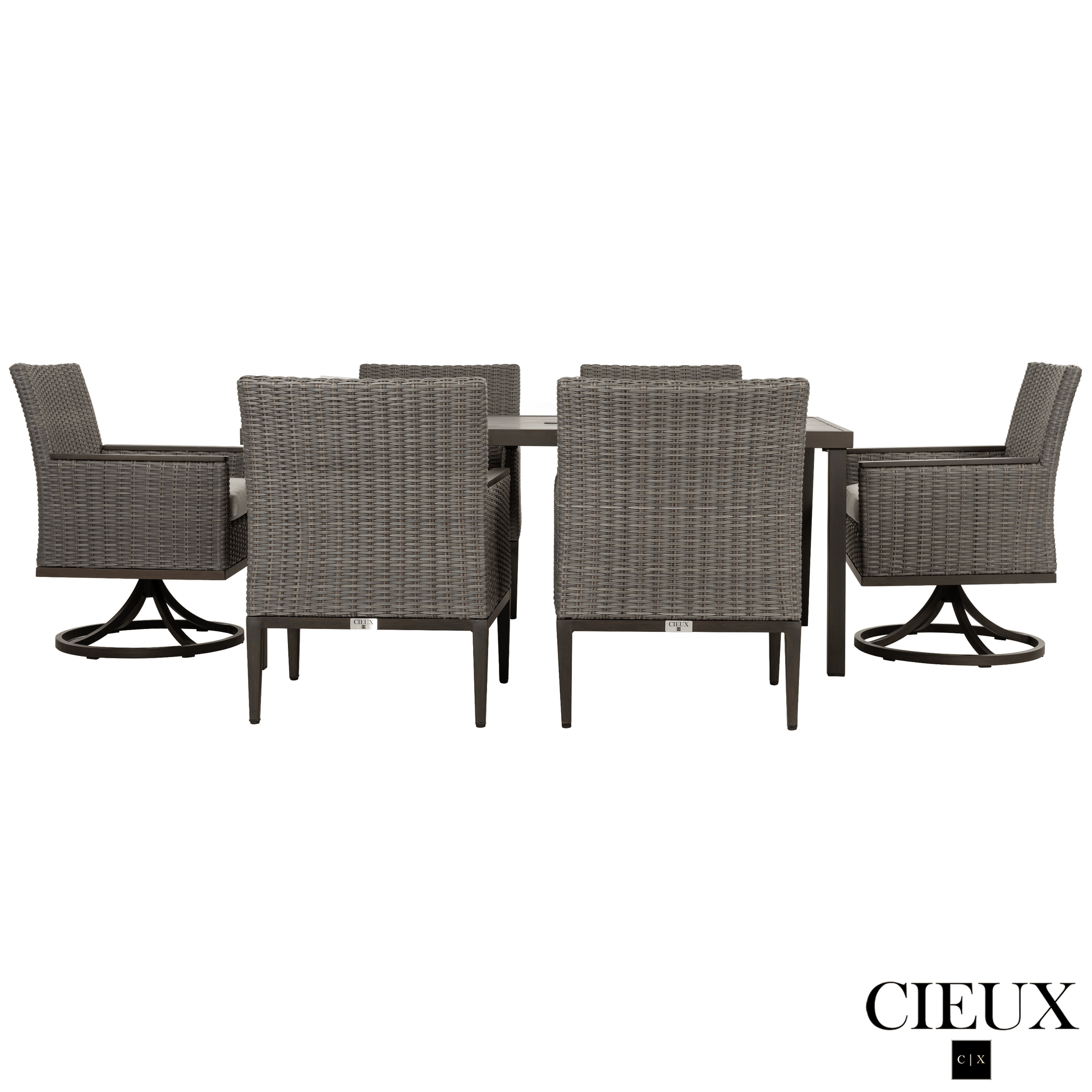 CIEUX Dining Set Loire Outdoor Patio Aluminum Metal 7 Piece Dining Table Set with 4 Arm Chairs, 2 Swivel Arm Chairs and Sunbrella Cast Silver Cushions