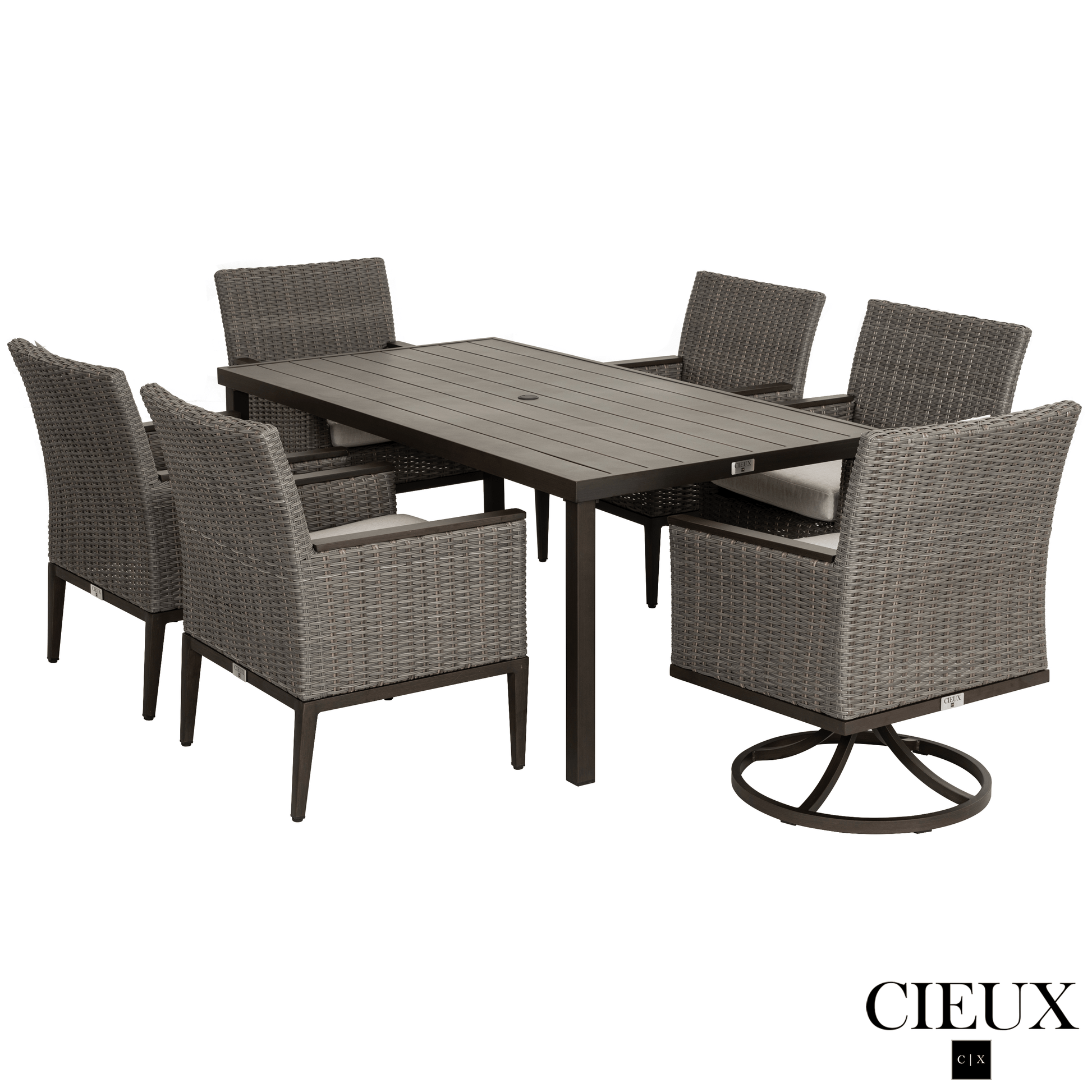 CIEUX Dining Set Loire Outdoor Patio Aluminum Metal 7 Piece Dining Table Set with 4 Arm Chairs, 2 Swivel Arm Chairs and Sunbrella Cast Silver Cushions