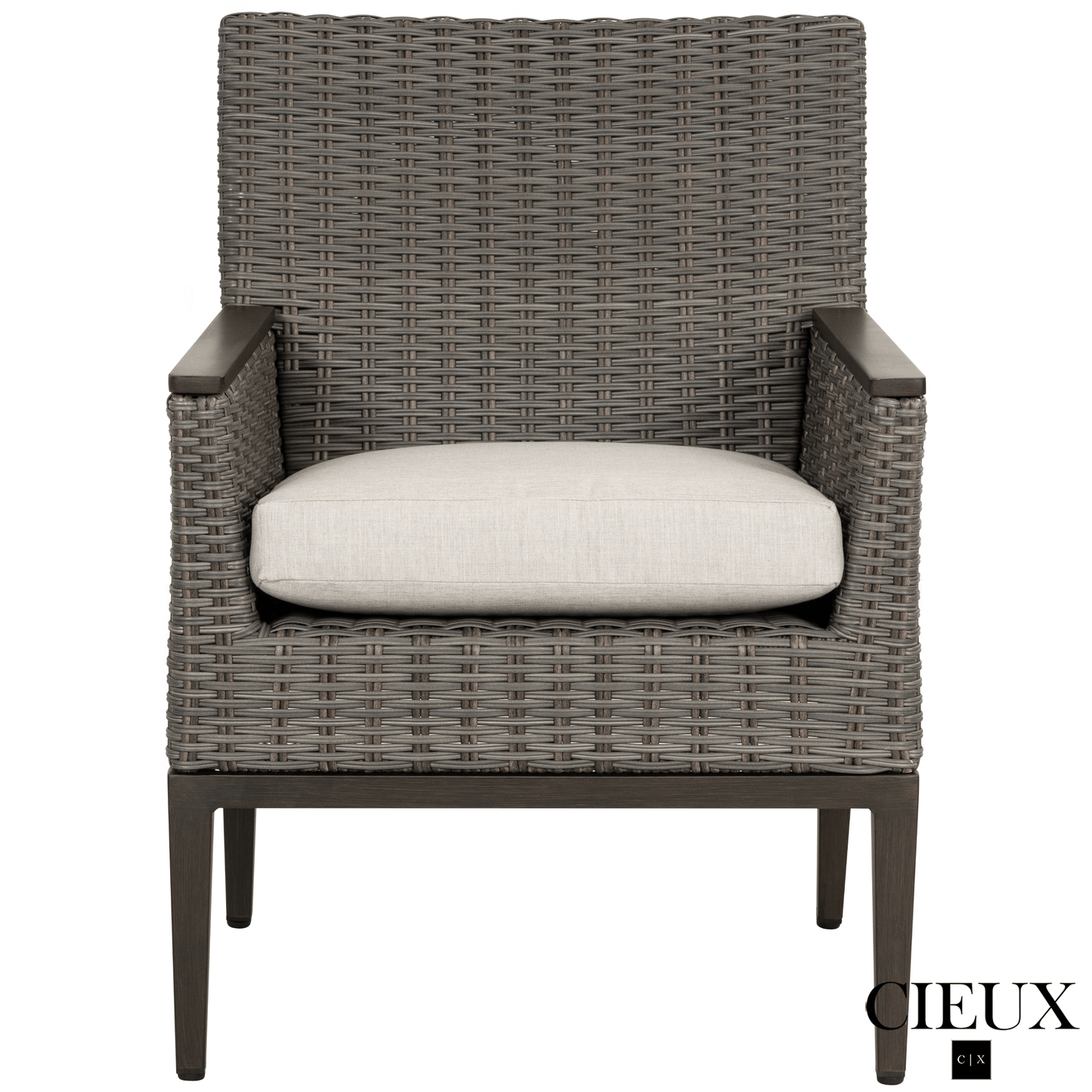 CIEUX Dining Set Loire Outdoor Patio Aluminum Metal 7 Piece Dining Table Set with 4 Arm Chairs, 2 Swivel Arm Chairs and Sunbrella Cast Silver Cushions